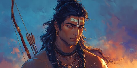 A stunning digital illustration of Lord Ram in traditional attire with a serene expression. Great for spiritual and cultural themes.