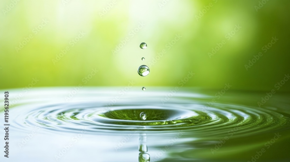 Poster multiple water droplets falling and creating ripples on a green water surface, with a blurred green 