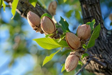 Almond nuts growing on a tree branch with green leaves