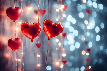 Red heart shaped balloons hanging from string lights create a romantic atmosphere for valentine's day