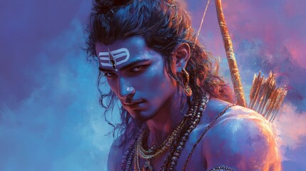A stunning digital illustration of Lord Ram in traditional attire with a serene expression. Great for spiritual and cultural themes.