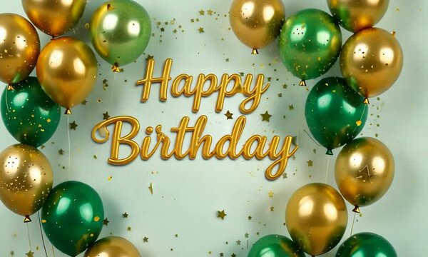 Happy birthday background with very elegant green and gold balloons