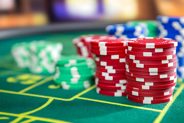 Fototapeta premium Chips in vibrant colors rest on a felt table, hinting at the excitement of a spirited casino game