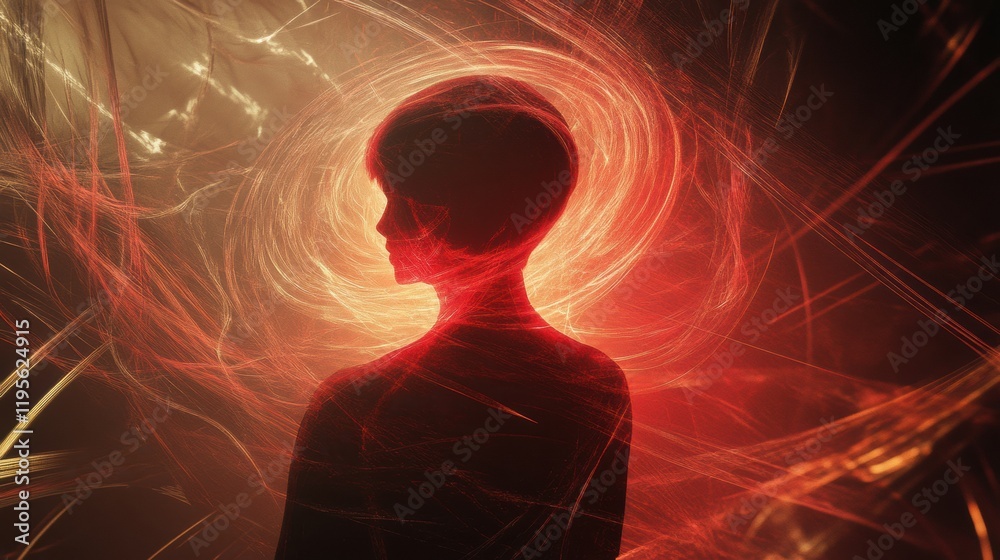 Fototapete Person immersed in swirling abstract shapes and lines creating an ethereal atmosphere of movement and energy. Generative AI