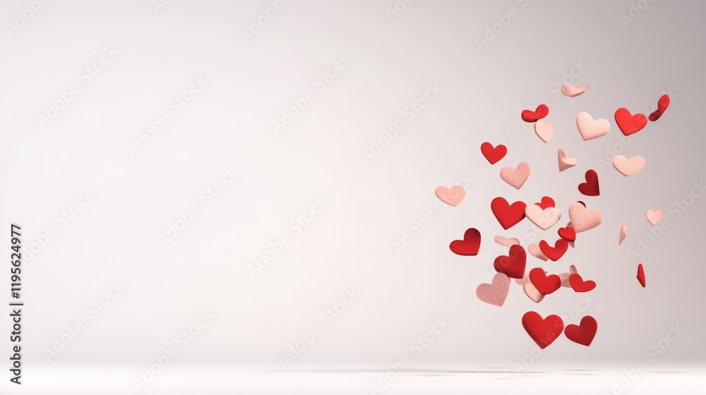 Poster red and pink hearts are floating on a white background, creating a romantic and cheerful atmosphere 
