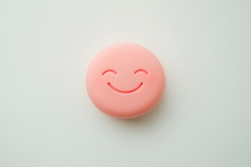 Cheerful pink round object featuring a smiling happy face emoticon, set against a clean, plain white background, radiating joy and positivity