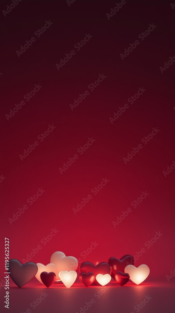Poster red and white glowing hearts are arranged on a dark red surface, creating a warm and romantic atmosp