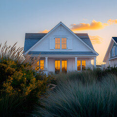 Cozy white cottage glowing at sunset, nestled amongst tall grasses.