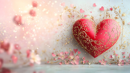 Fototapeta premium A heart with gold leaf designs is surrounded by pink flowers