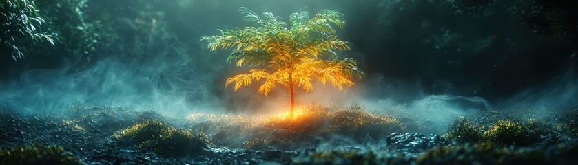 Obraz premium Nature scene illuminated tree in misty forest ethereal landscape peaceful atmosphere dreamlike view