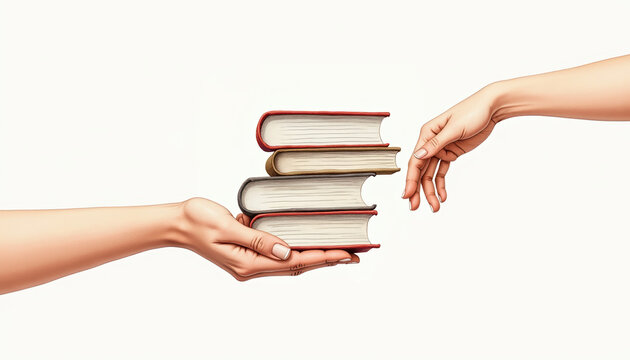 Visual representation of two hands passing a small stack of books, emphasizing the joy of giving on International Book Giving Day.