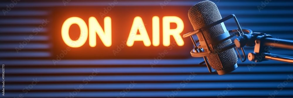 Poster professional microphone recording a song or voice in a radio station with illuminated orange on air 