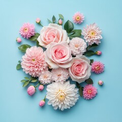 A flat lay of pink roses and chrysanthemums on a soft blue background, creating a romantic and cheerful vibe. Great for event invitations, greeting cards, and seasonal promotions.