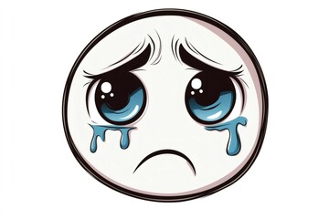 Fototapeta premium Cartoon sad face with blue tears dripping down its big eyes, expressing sadness and sorrow