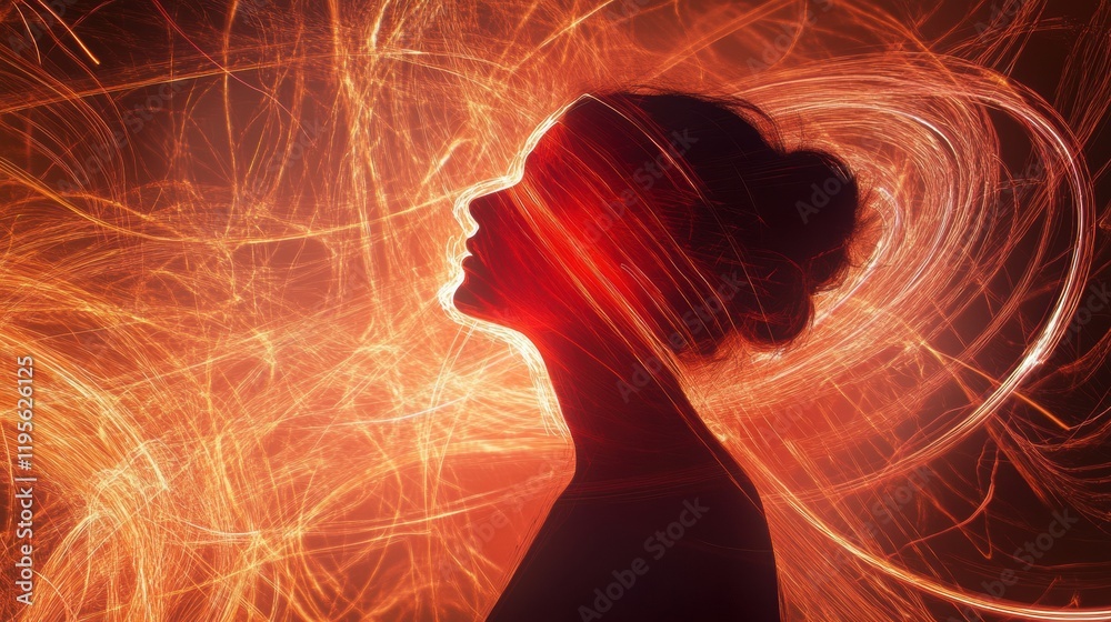 Fototapete person illuminated by swirling lines and abstract shapes in a dynamic light display at an artistic e