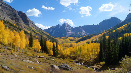 Fototapeta premium Autumn Mountain Landscape with Snow-Capped Peaks, Golden Foliage, and Vibrant Fall Wilderness Serenity