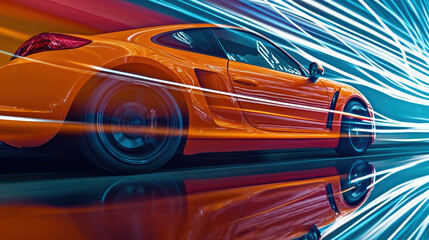 Orange sports car speeding through futuristic city with light trails