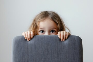 Curious child peeking over a gray chair against a white background, playing hide and seek