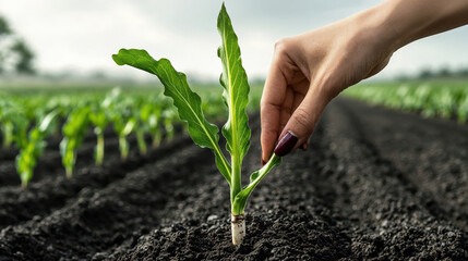 Farmer examining young sugar beet plant in cultivated field
