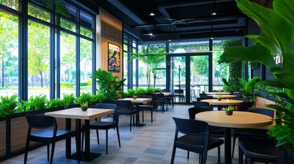 Fototapeta premium Modern Cafe Interior with Lush Greenery - Tranquil modern cafe, abundant natural light, green plants, comfortable seating, inviting atmosphere. Relaxation, nature, community, refreshment, and style.