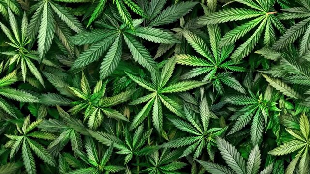 Close-up view of lush green cannabis leaves showcasing intricate patterns and textures in natural light