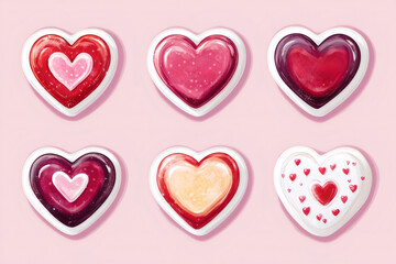 Colorful heart shaped stickers with romantic messages and symbols, perfect for valentine's day greetings and decorations