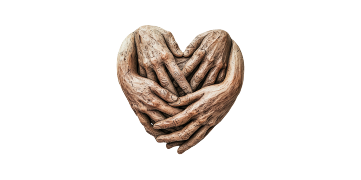 Heart-shaped sculpture made of intertwined hands isolated on transparent background
