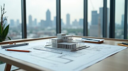 Architect's Drafting Table with Modern Building Model and Blueprints