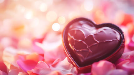 Fototapeta premium A heart made of chocolate is surrounded by pink petals