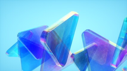 Abstract wallpaper background with glass elements with multicolored light emitters shimmering neon holographic gradient. Visual design element for banner, poster header or cover.