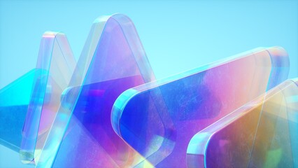 Abstract wallpaper background with glass elements with multicolored light emitters shimmering neon holographic gradient. Visual design element for banner, poster header or cover.