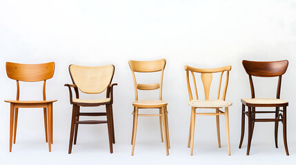 Five wooden chairs are lined up next to each other