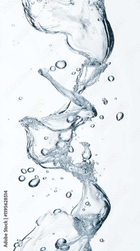 Aufkleber crystal clear water stream flowing and splashing with bubbles on a plain white background, creating 