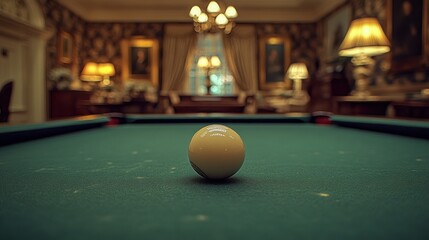 Single billiard ball on a pool table in a luxurious room.