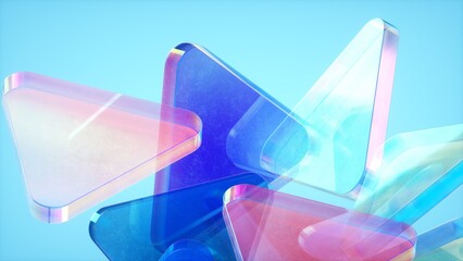 Abstract wallpaper background with glass elements with multicolored light emitters shimmering neon holographic gradient. Visual design element for banner, poster header or cover.