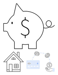 Piggy bank outlined with dollar sign, house icon, credit card, hand holding coins. Ideal for financial planning, saving money, investment, budgeting home ownership personal finance banking. Line