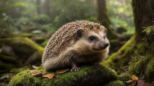 A small brown and white hedgehog is sitting on a mossy rock in a forest. Concept of calm and tranquility, as the hedgehog appears to be enjoying its natural habitat