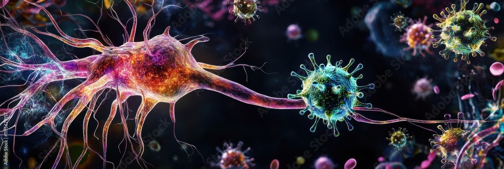Poster magnified view of human cell under viral attack showcasing intricate details of cellular interaction