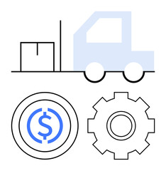 Forklift moves package beside coin and gear, symbolizing logistics, finance, and process optimization. Ideal for trade, management, e-commerce, finance, technology automation abstract line flat