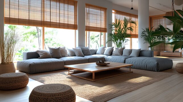 A large living room with an L-shaped gray sofa, wooden coffee table, floor cushions, bamboo shades, jute rug, and plants, evoking a sense of calm with modern zen style