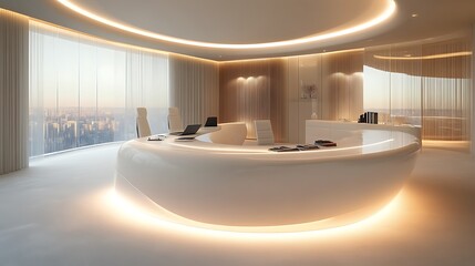 Modern White Reception Desk: Panoramic City View, Warm Lighting