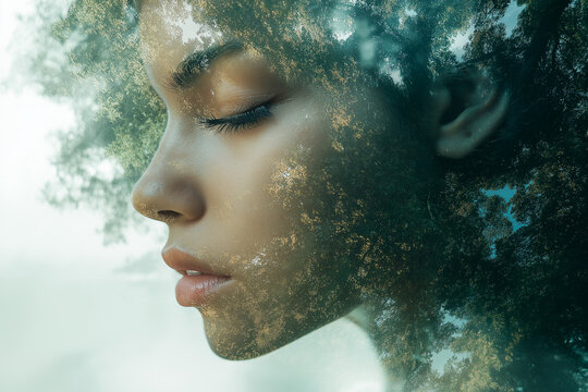 Double exposition artistique de visage de femme et for&ecirc;t luxuriante, harmonie avec la nature