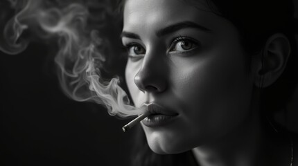 Obraz premium Black and White Portrait: Person Exhaling Cigarette Smoke