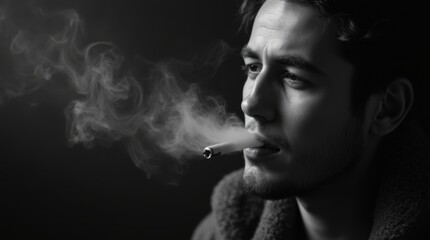 Fototapeta premium Black and White Portrait of Person Exhaling Cigarette Smoke