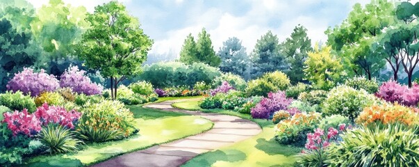 Serene pathway in lush garden surrounded by colorful flowers and greenery