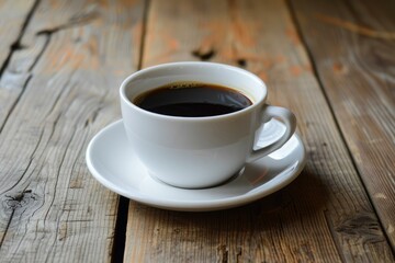Steaming cup of black coffee sits on a rustic wooden table, creating a cozy and inviting atmosphere