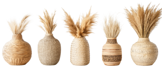  Set of five different woven vases with pampas grass, isolated on a transparent background png  (2)