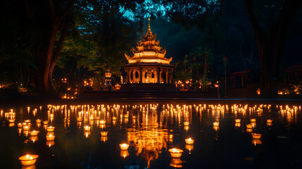 Fototapeta premium A Serene Glowing Temple Celebrating Makha Bucha Day Surrounded By Lush Greenery and Hundreds of Flickering Candles