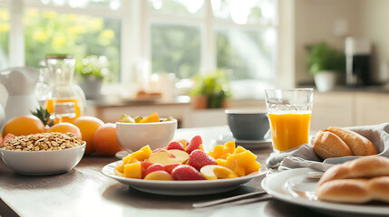 A table with a variety of fruits and breakfast foods