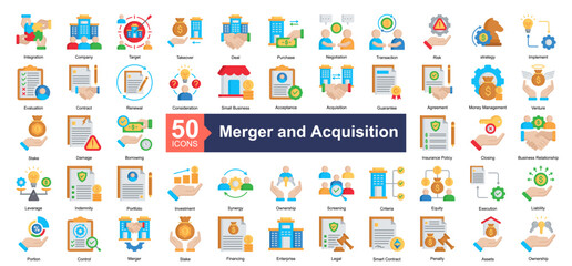 Merger and Acquisition Icon Collection Set.Containing Integration, Company, Target, Takeover, Deal, Purchase, Negotiation, Transaction icon. Simple flat style Vector Illustration.	
